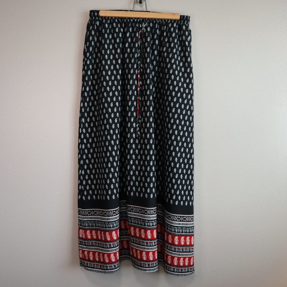 Boho Black and Red Paisley Patterned Maxi Skirt with Elastic Waist & Drawstring